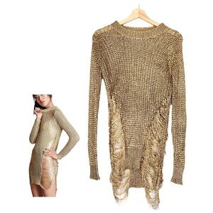 Rose Gold Metallic Chain Look Knit Distressed Dress Jumper Size Small